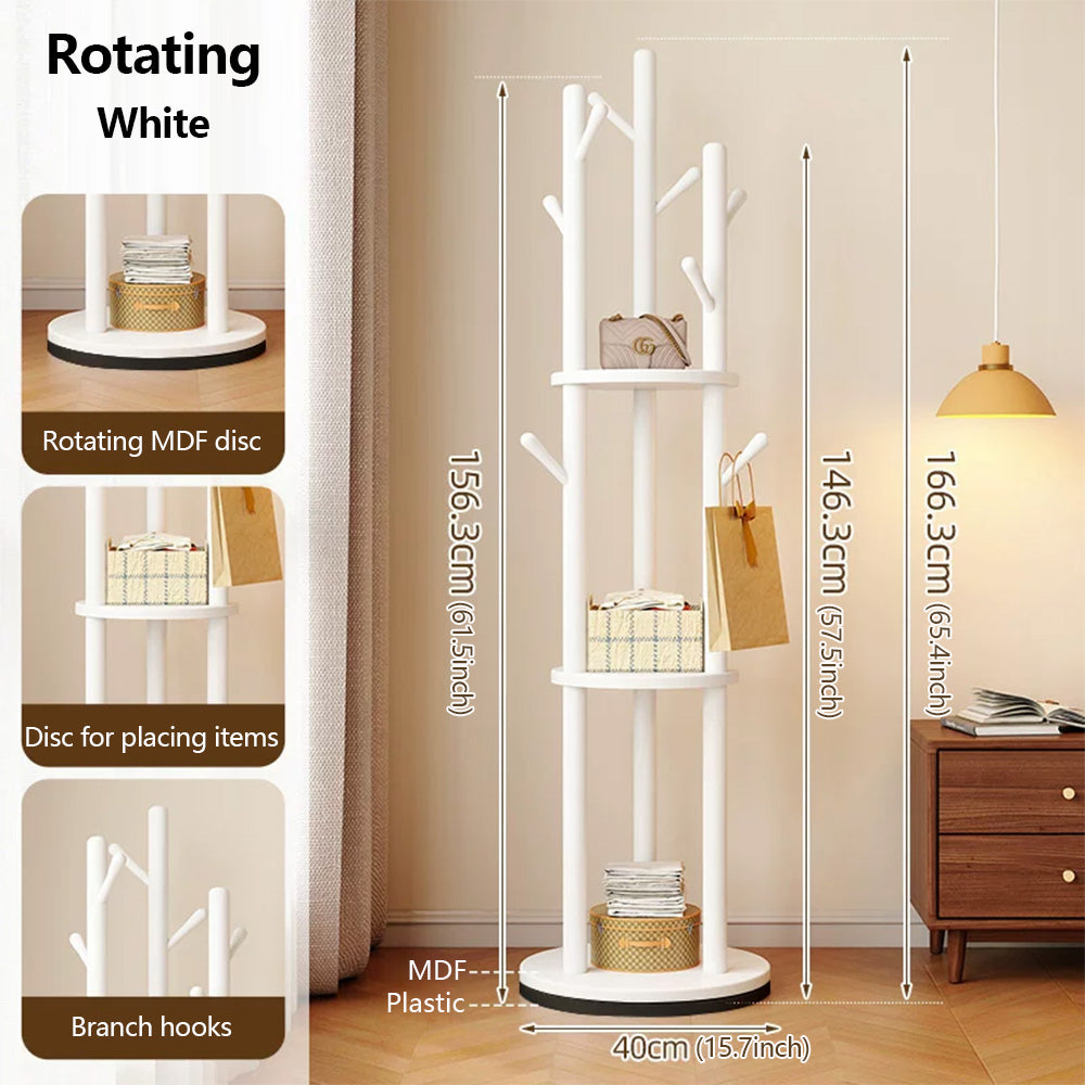 Freestanding Wood Coat Rack & Clothing Rack with Shelves – 360° Rotating Floor Stand