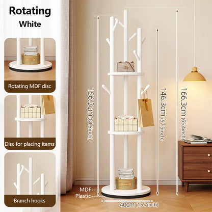 Freestanding Wood Coat Rack & Clothing Rack with Shelves – 360° Rotating Floor Stand