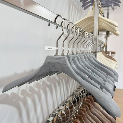 Gray Wood Grain Resin Suit Hangers with Custom Logo for Retail Display