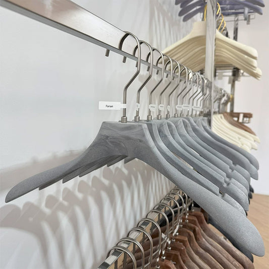 Gray Wood Grain Resin Suit Hangers with Custom Logo for Retail Display