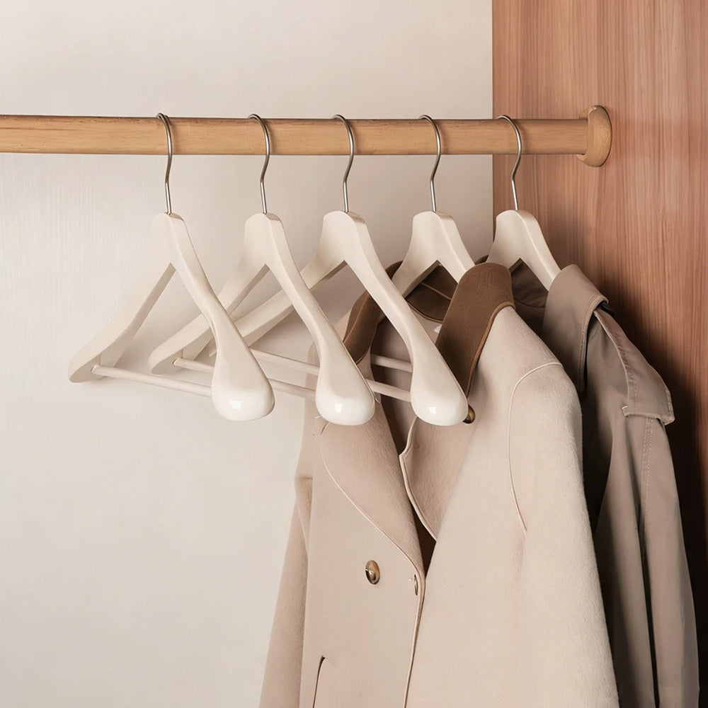 White Wooden Wide Shoulder Hangers with Pants Bar – Matte & Glossy, 46 cm