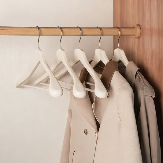 White Wooden Wide Shoulder Hangers with Pants Bar – Matte & Glossy, 46 cm
