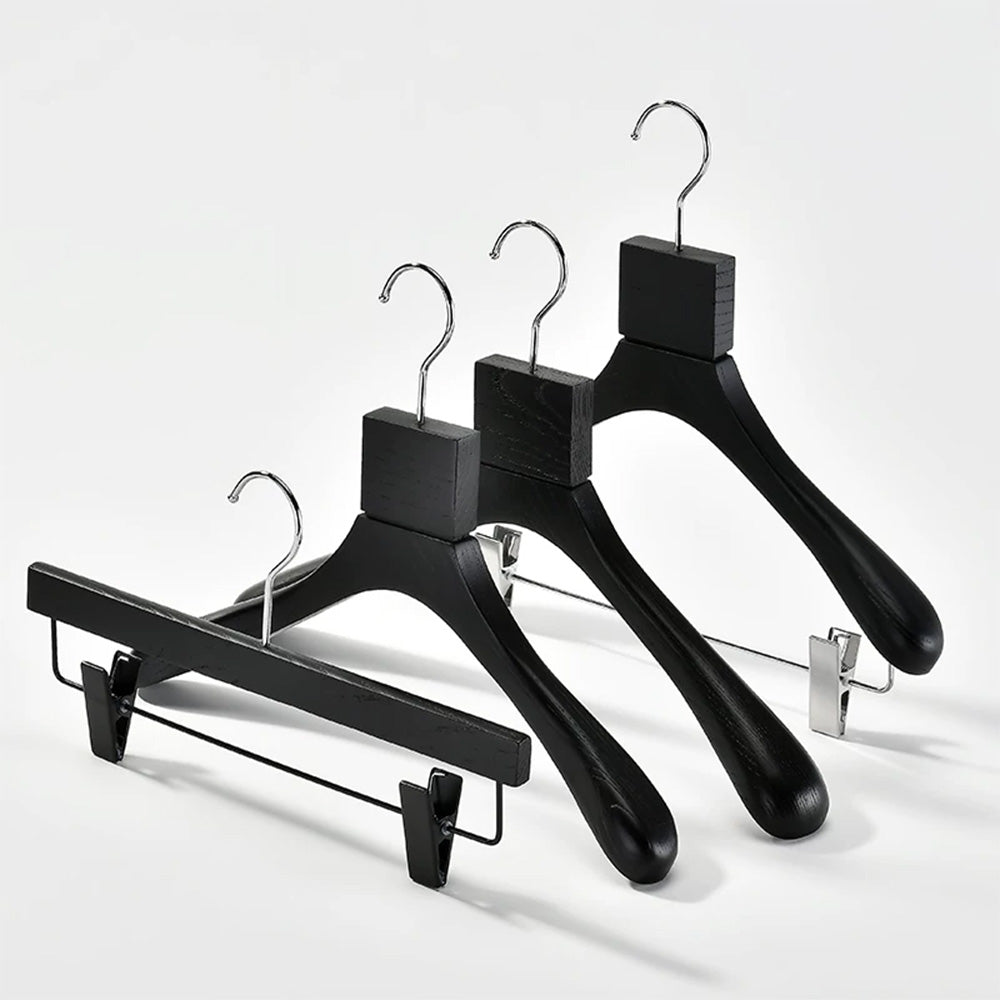 Custom Black Solid Wood Hangers with Ash Wood Grain Texture and Clips