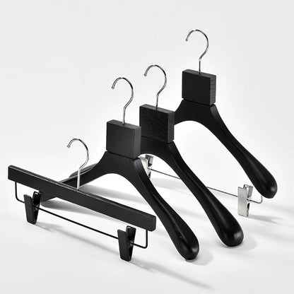 Custom Black Solid Wood Hangers with Ash Wood Grain Texture and Clips
