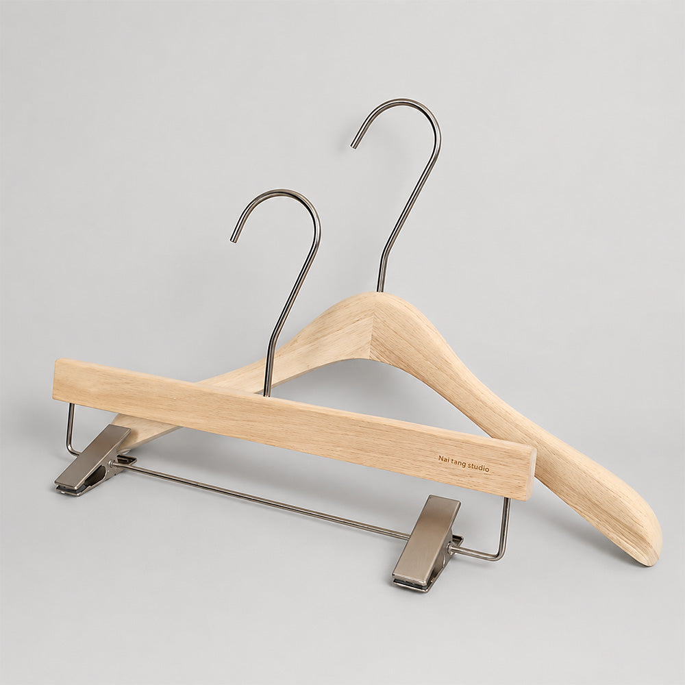 Natural Oak Wooden Suit & Pants Hangers with Clips | Custom Logo