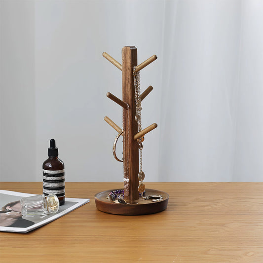 Solid Wood Jewelry Stand Tree with Catchall Dish | Necklace Organizer