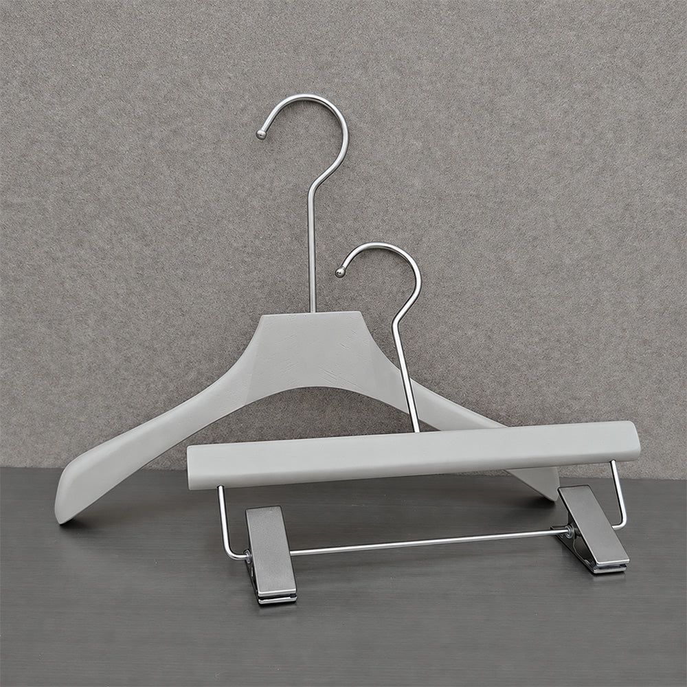 Wholesale Gray Wooden Kids Clothes Hangers with Adjustable Clips