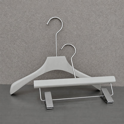 Wholesale Gray Wooden Kids Clothes Hangers with Adjustable Clips