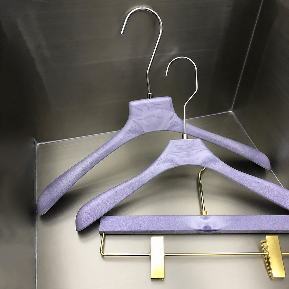 Purple Wood Grain Resin Hangers with Pants Clips for Boutiques