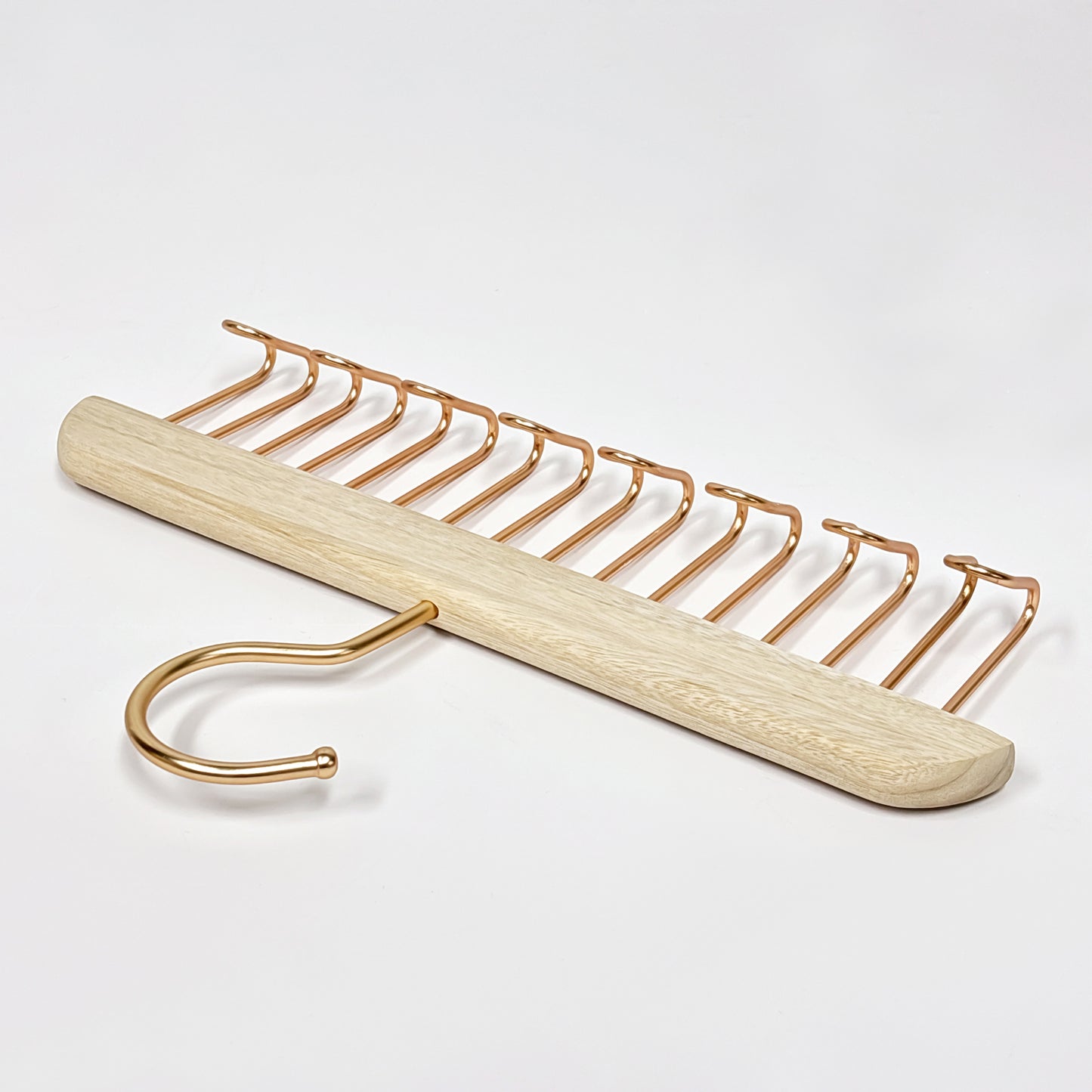 Wooden Hanger Tie & Scarf Organizer | Camphor Wood | Rose Gold Hooks