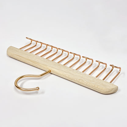 Wooden Hanger Tie & Scarf Organizer | Camphor Wood | Rose Gold Hooks