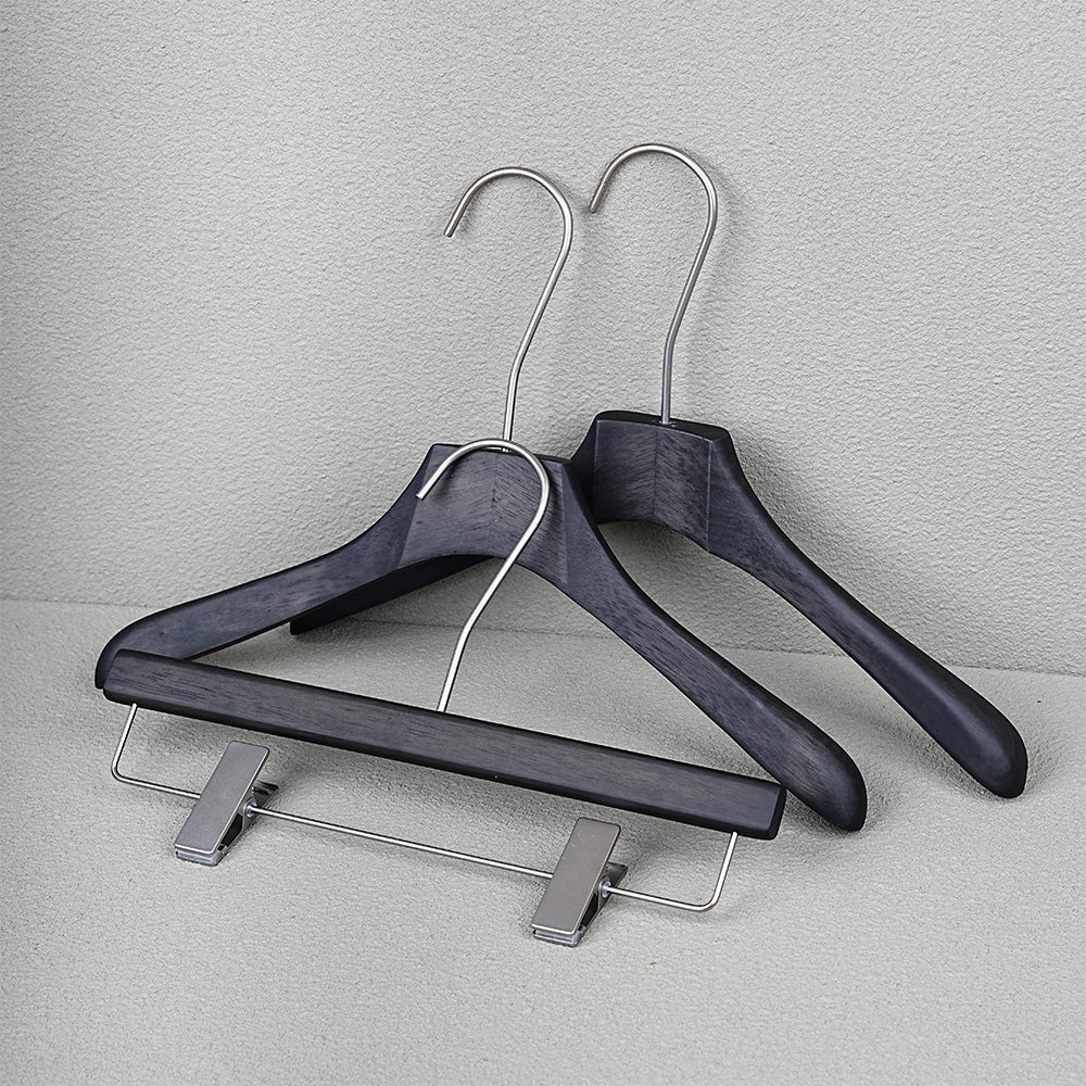 Custom Logo Black Oak Wooden Hangers with Clips for Boutique Stores