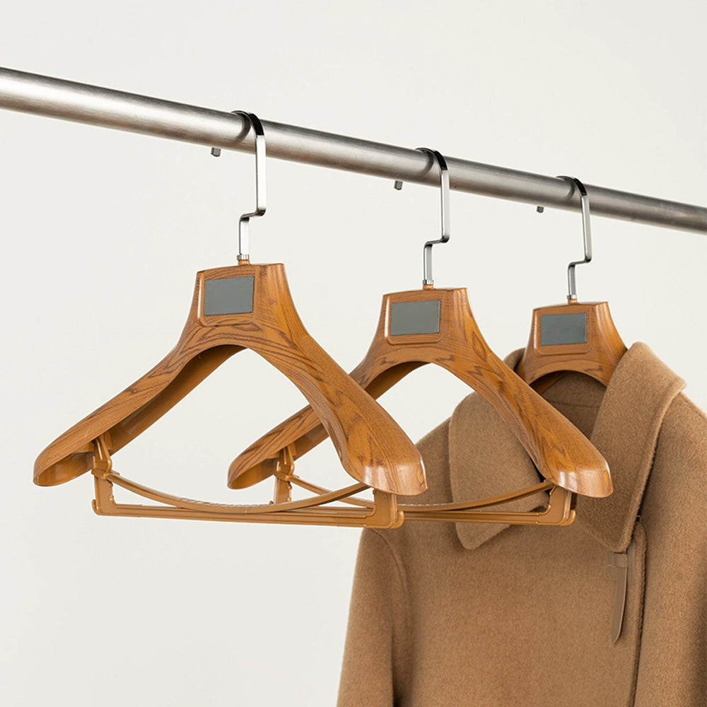 Custom Logo Faux Wood Plastic Suit Hangers with Pants Bar | Wholesale