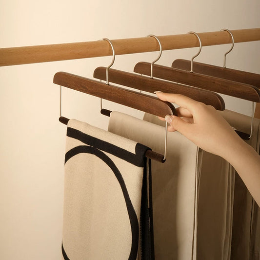 Solid Wood Pants Hanger with Non-Slip Flocked Bar & 360° Swivel Hook