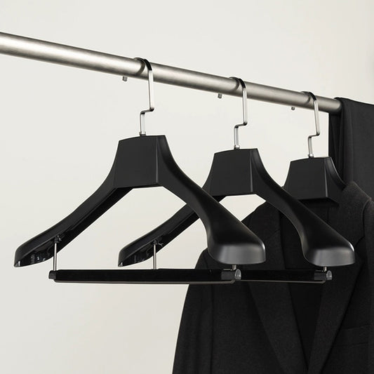 Black Wide Shoulder Plastic Suit Hanger with Flocked Pants Bar