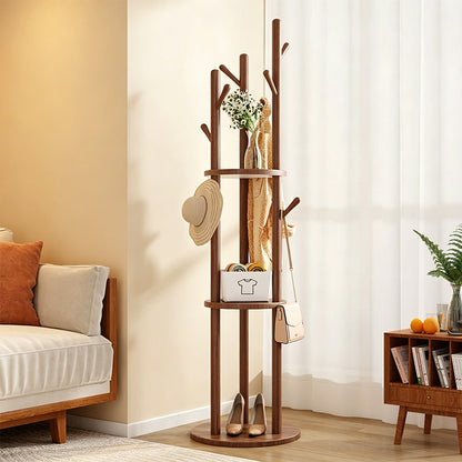 Freestanding Wood Coat Rack & Clothing Rack with Shelves – 360° Rotating Floor Stand