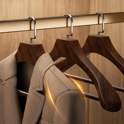 Brown solid wood hangers, gold flat hooks, non-slip serrated design, suitable for clothes and trousers
