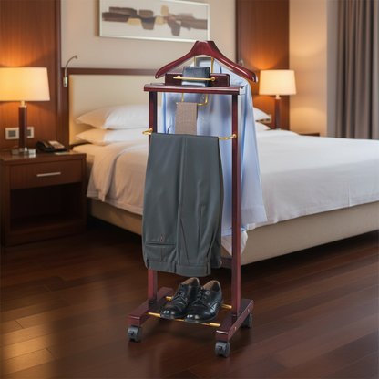 Luxury Solid Wood Suit Valet Stand with Brass Accents – Freestanding Clothes Organizer