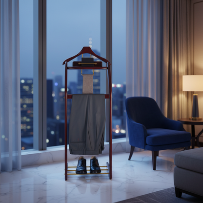Luxury Solid Wood Suit Valet Stand with Brass Accents – Freestanding Clothes Organizer