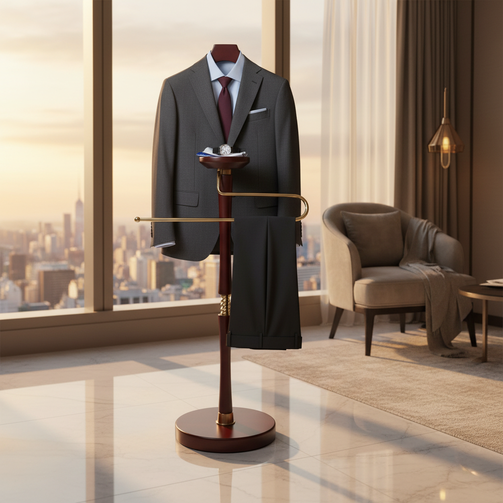 Luxury Solid Wood Suit Valet Stand with Brass Accents – Freestanding Clothes Organizer