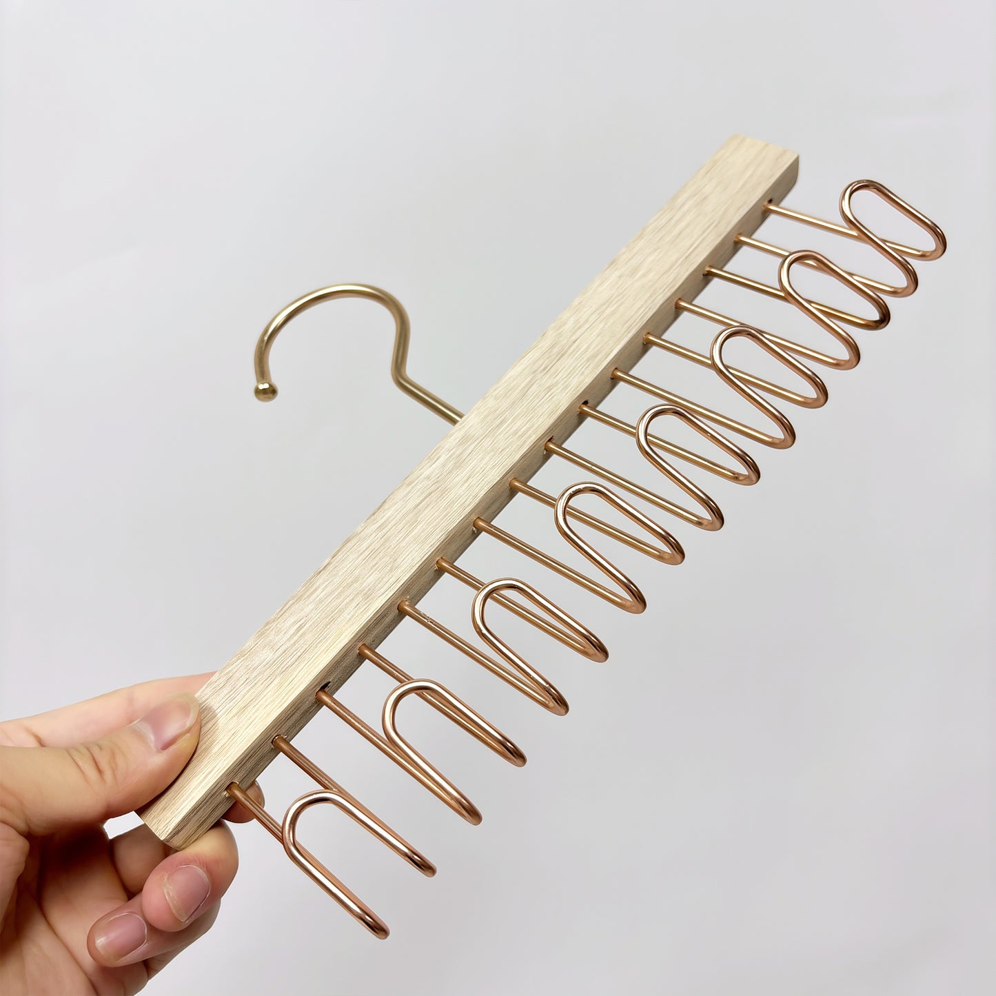 Wooden Hanger Tie & Scarf Organizer | Camphor Wood | Rose Gold Hooks