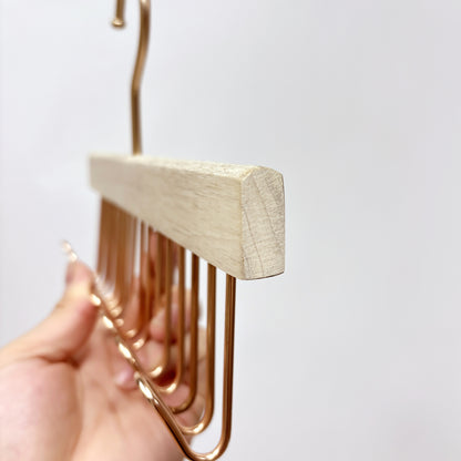 Wooden Hanger Tie & Scarf Organizer | Camphor Wood | Rose Gold Hooks