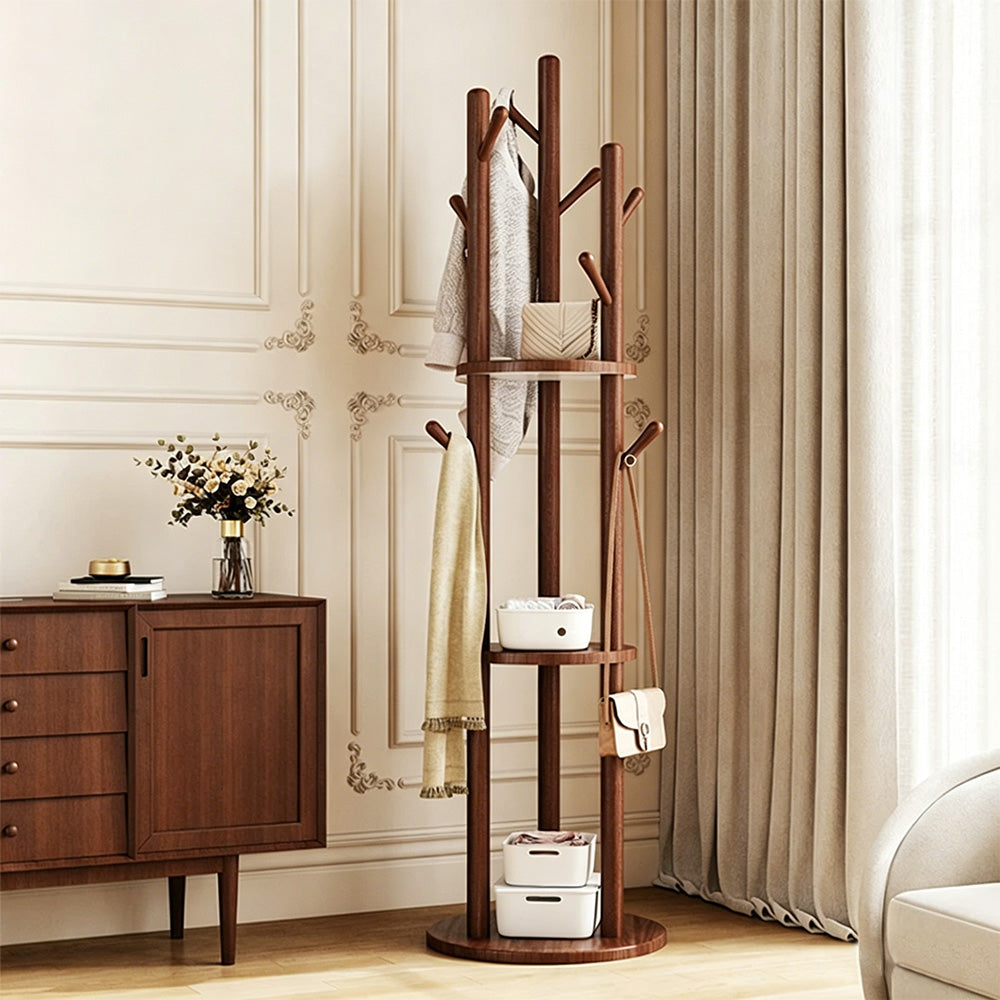 Freestanding Wood Coat Rack & Clothing Rack with Shelves – 360° Rotating Floor Stand