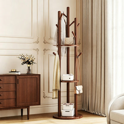 Freestanding Wood Coat Rack & Clothing Rack with Shelves – 360° Rotating Floor Stand