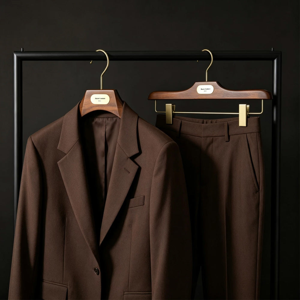 Custom Wooden Suit Hangers with Metal Logo Plate | Wholesale MOQ 50