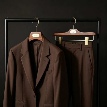 Custom Wooden Suit Hangers with Metal Logo Plate | Wholesale MOQ 50