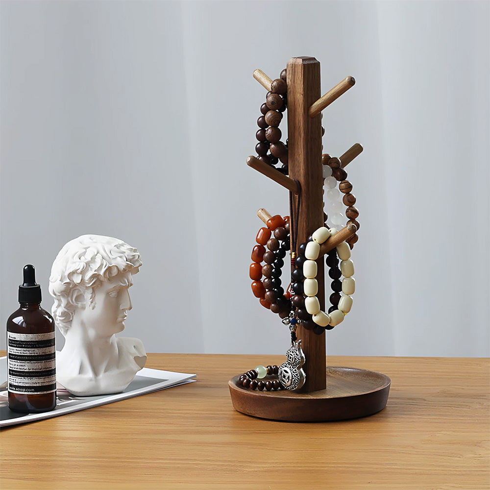 Solid Wood Jewelry Stand Tree with Catchall Dish | Necklace Organizer