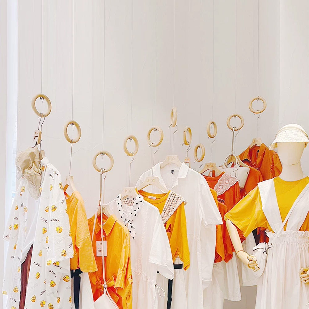 Solid Wood Ring Ceiling-Mounted Clothing Display Rack for Boutiques