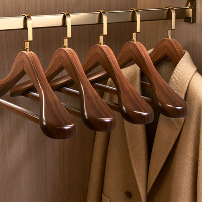 Brown solid wood hangers, gold flat hooks, non-slip serrated design, suitable for clothes and trousers