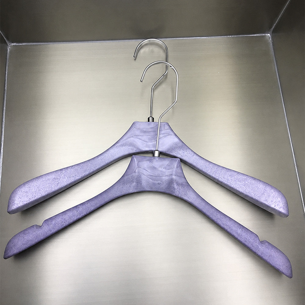 Purple Wood Grain Resin Hangers with Pants Clips for Boutiques