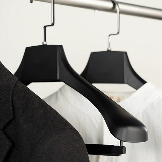Black Wide Shoulder Plastic Suit Hanger with Flocked Pants Bar