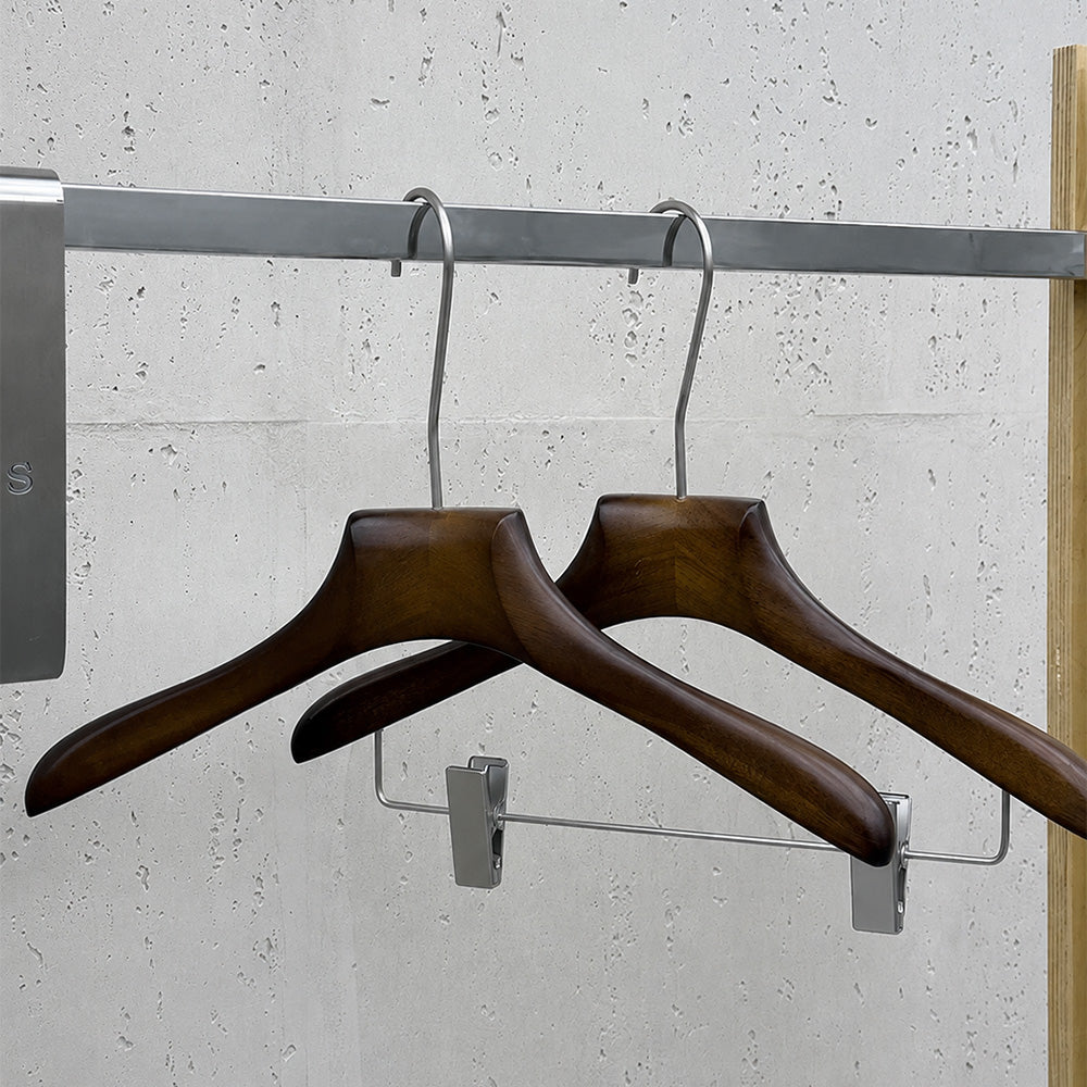 Walnut Beech Wood Hangers Wholesale – Suit & Pants Hangers with Clips