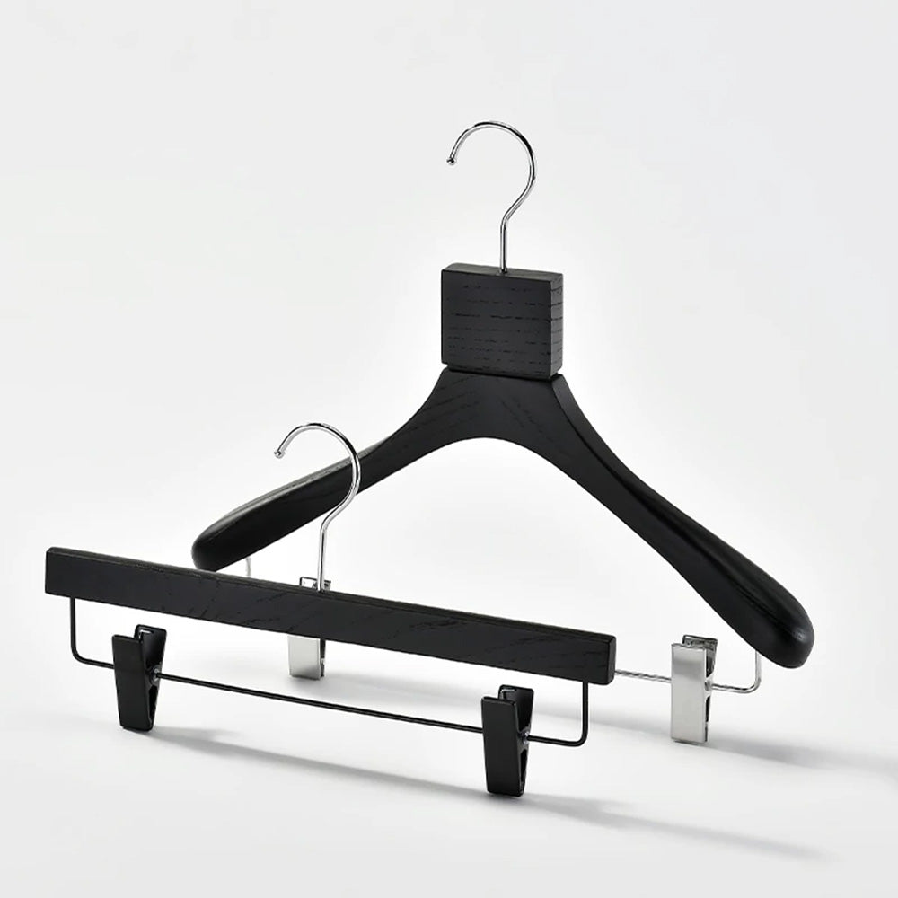 Custom Black Solid Wood Hangers with Ash Wood Grain Texture and Clips