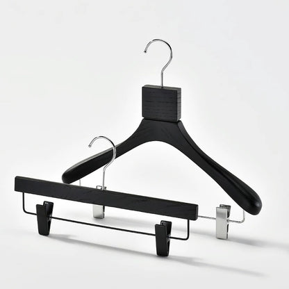 Custom Black Solid Wood Hangers with Ash Wood Grain Texture and Clips