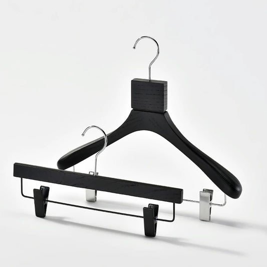 Custom Black Solid Wood Hangers with Ash Wood Grain Texture and Clips