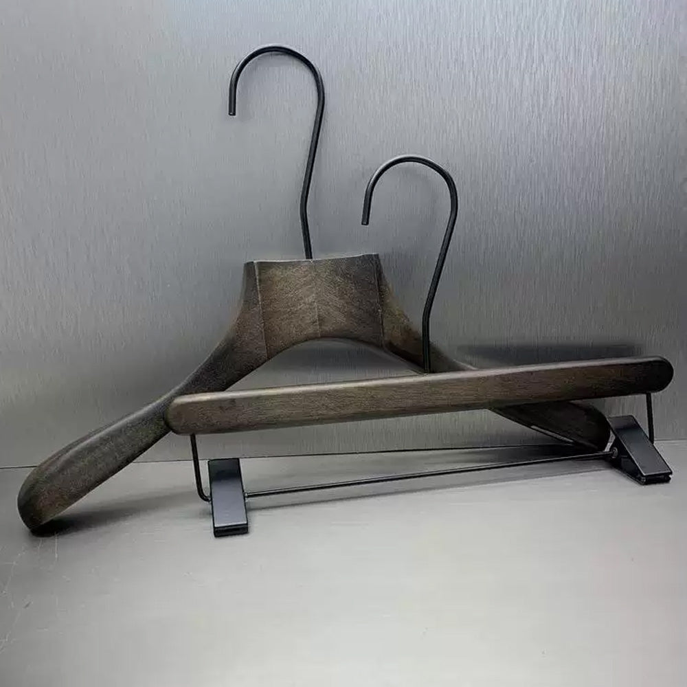 Custom Black Rubber Wood Hangers with Clips for Suits & Pants