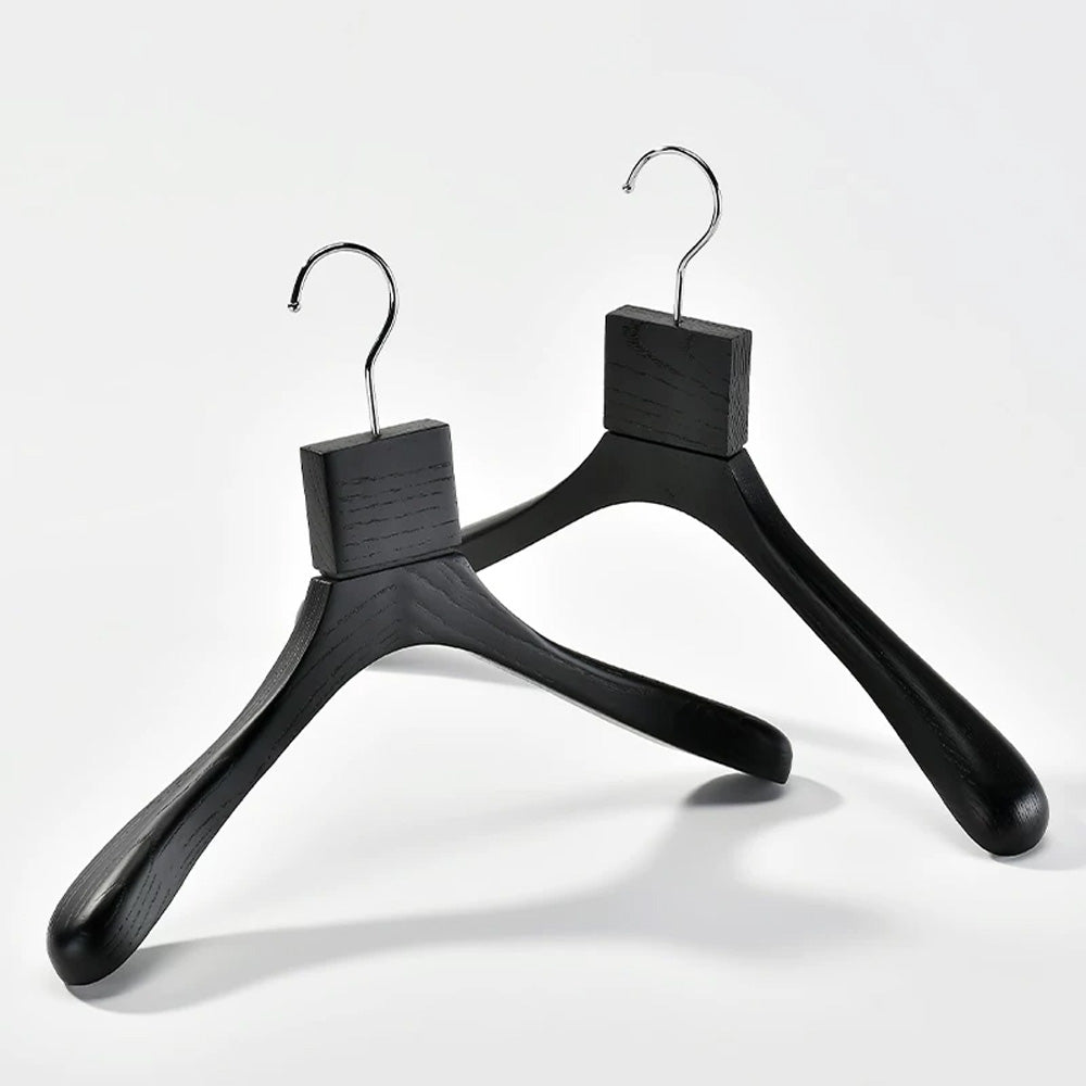 Custom Black Solid Wood Hangers with Ash Wood Grain Texture and Clips