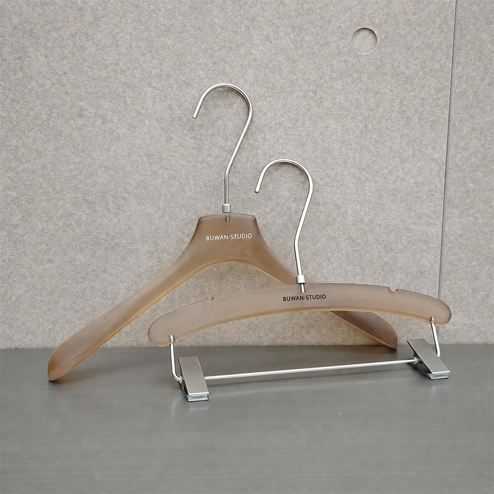 Custom Frosted Brown Acrylic Hangers with Logo for Boutiques & Retail Stores