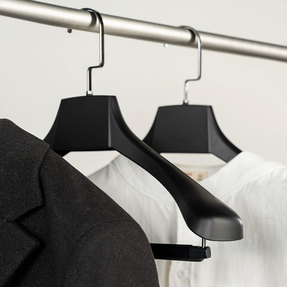 Black Wide Shoulder Plastic Suit Hanger with Flocked Pants Bar