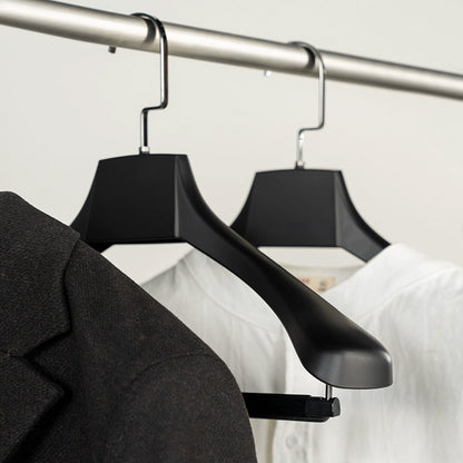 Black Wide Shoulder Plastic Suit Hanger with Flocked Pants Bar