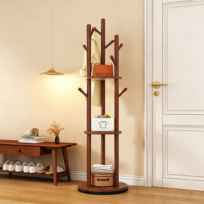 Freestanding Wood Coat Rack & Clothing Rack with Shelves – 360° Rotating Floor Stand