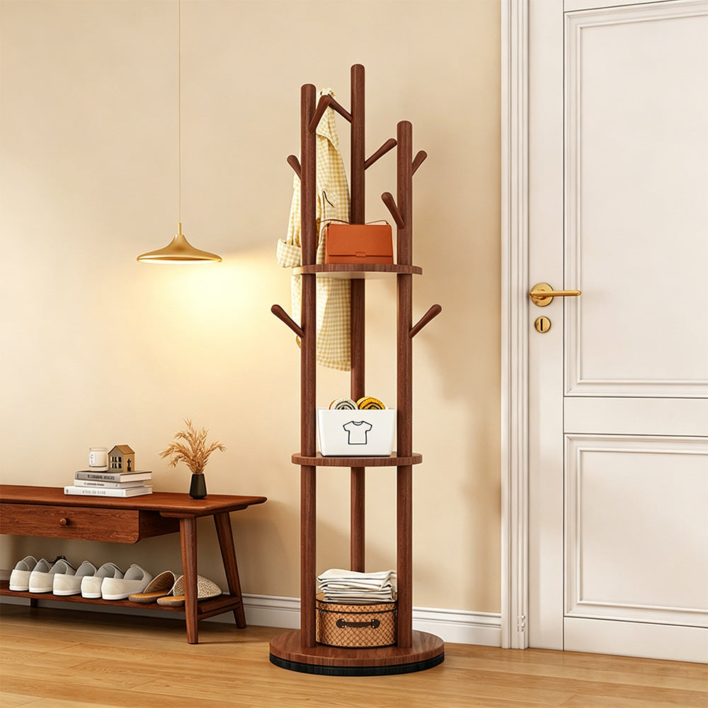 Freestanding Wood Coat Rack & Clothing Rack with Shelves – 360° Rotating Floor Stand