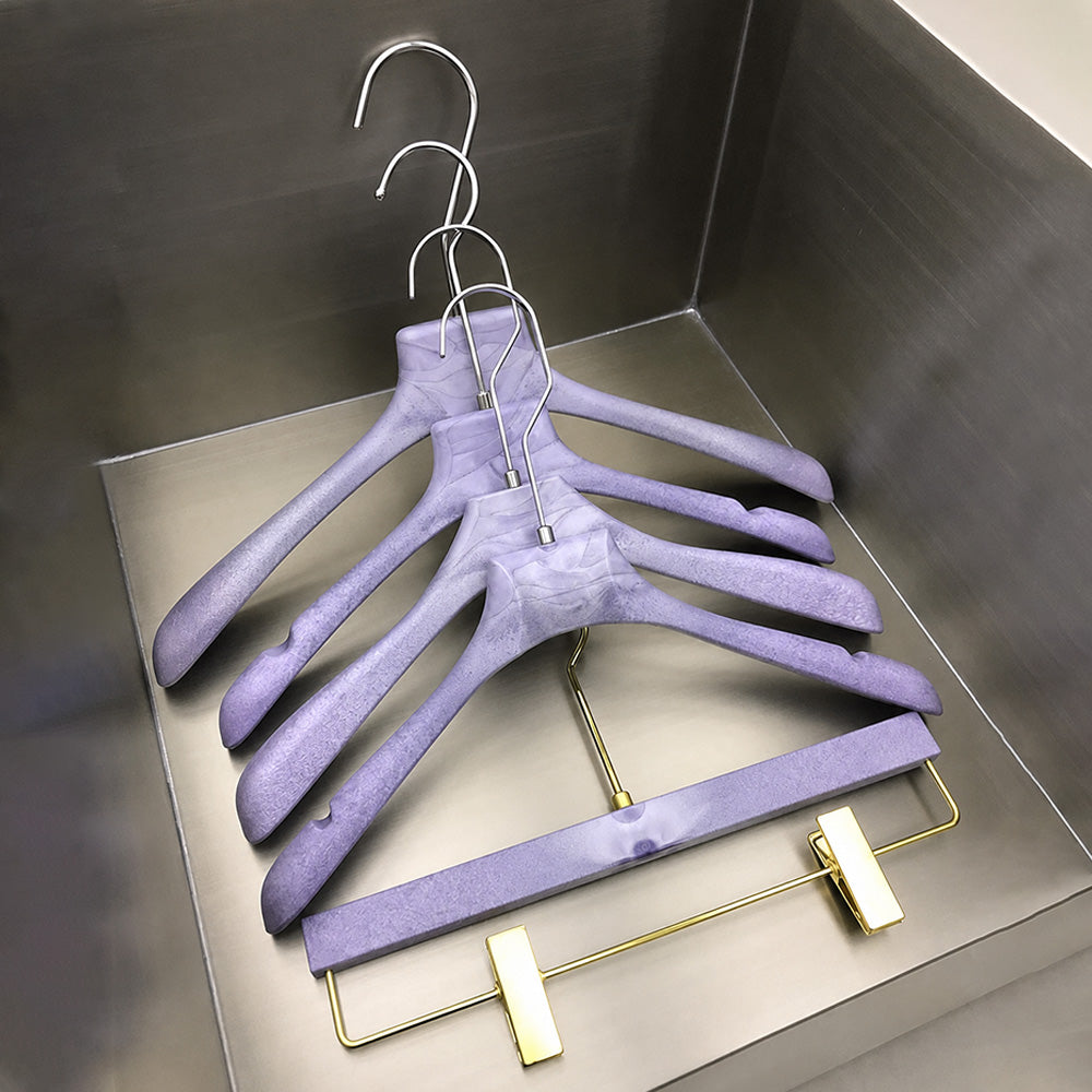 Purple Wood Grain Resin Hangers with Pants Clips for Boutiques