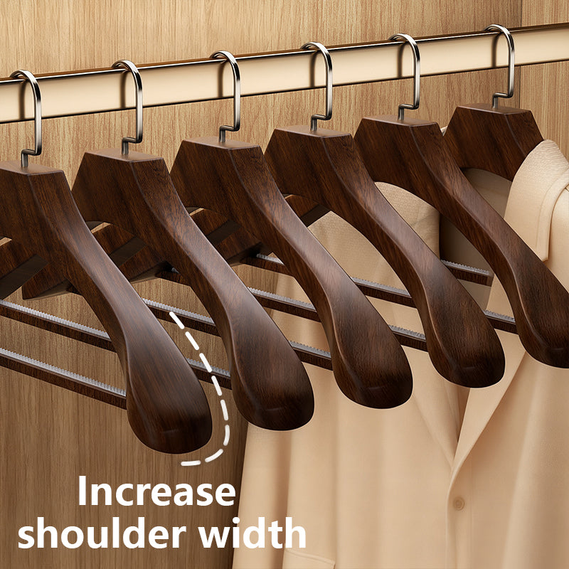 Brown solid wood hangers, gold flat hooks, non-slip serrated design, suitable for clothes and trousers