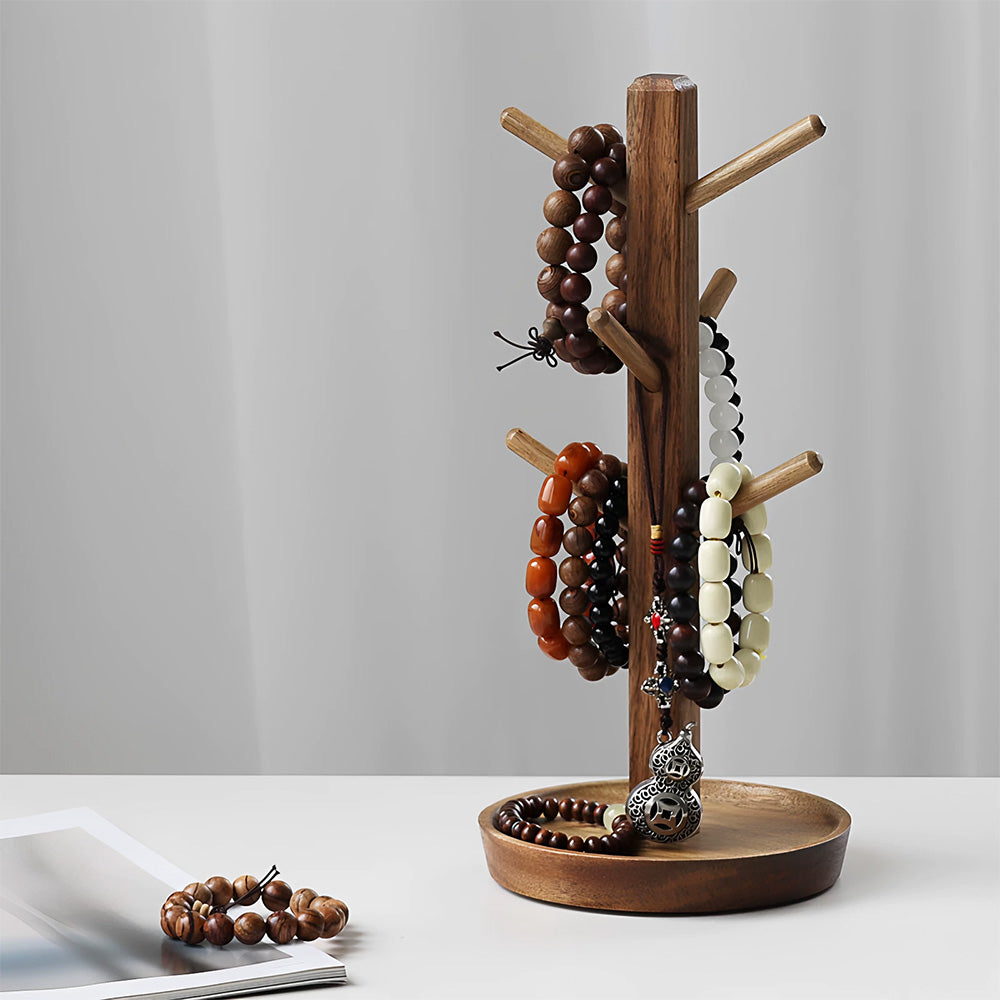 Solid Wood Jewelry Stand Tree with Catchall Dish | Necklace Organizer