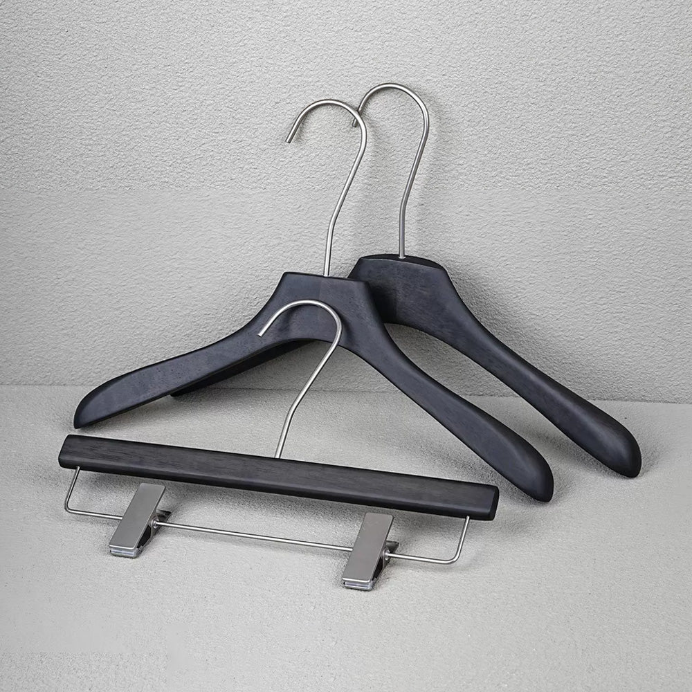 Custom Logo Black Oak Wooden Hangers with Clips for Boutique Stores